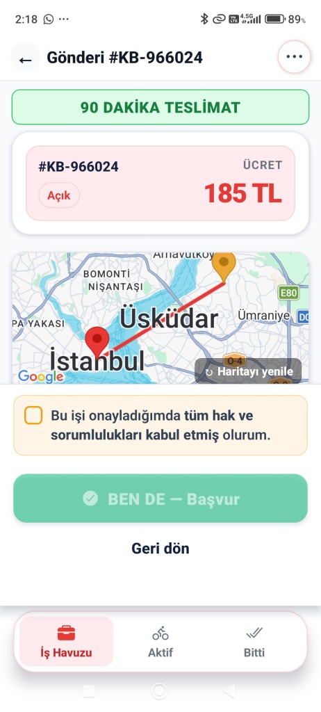 Kurye Birlik kurye uygulaması — Gönderi detayı ve BENDE başvuru ekranı