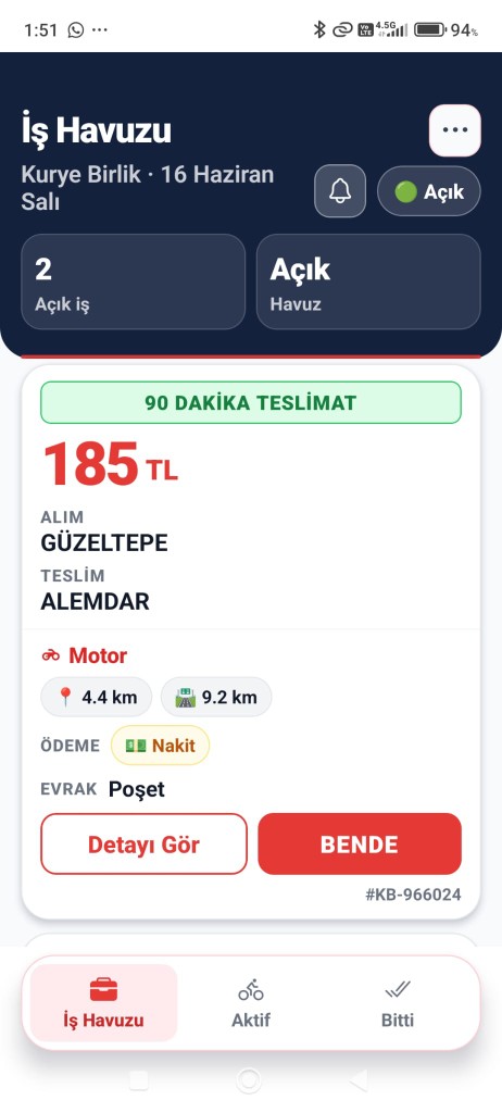 Kurye Birlik kurye uygulaması — İş Havuzu ekranı
