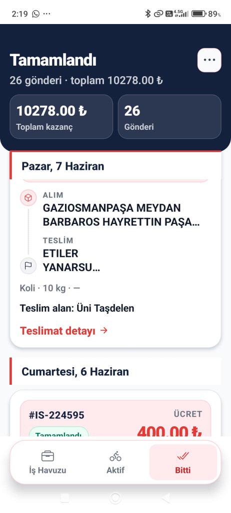 Kurye Birlik kurye uygulaması — Tamamlanan gönderiler ekranı