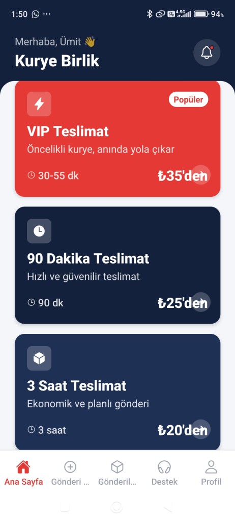 Kurye Birlik müşteri uygulaması — ana sayfa ve teslimat seçenekleri