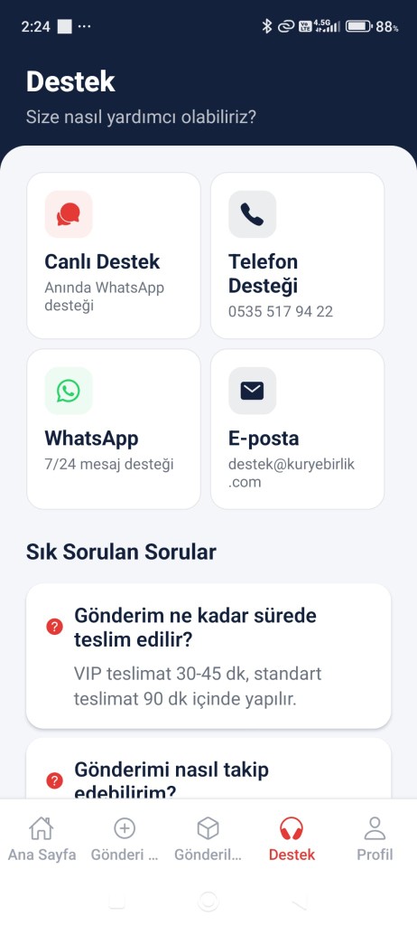 Kurye Birlik müşteri uygulaması — Destek ekranı