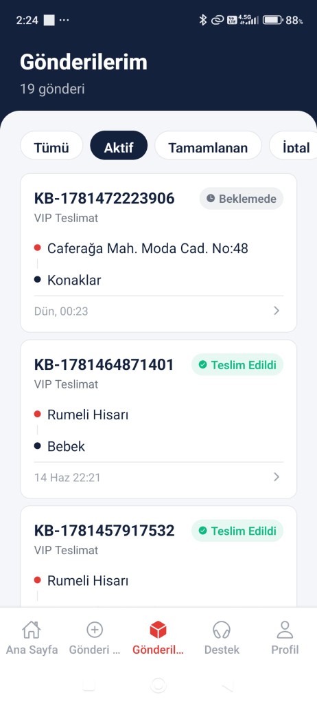 Kurye Birlik müşteri uygulaması — Gönderilerim ekranı